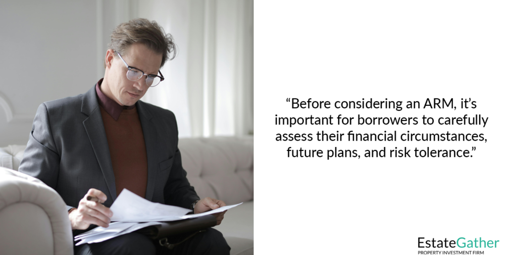 Image showing a man studying the adjustable rate mortgage. Text on the right explains "before considering an ARM, it's important for borrowers to carefully assess their financial circumstances, future plans, and risk tolerance."