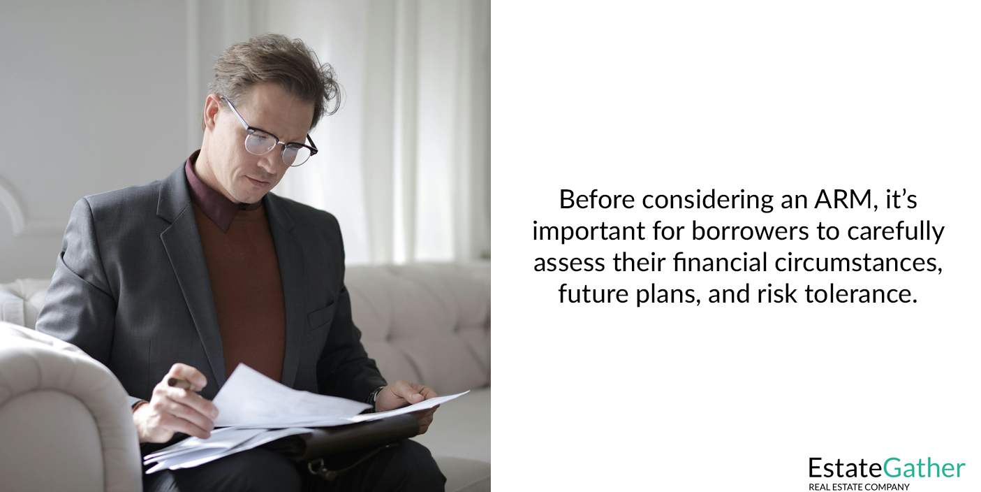 Image showing a man studying the terms of an adjustable rate mortgage. Text to the right reads: Before considering an ARM, it's important for borrowers to carefully assess their financial circumstances, future plans, and risk tolerance.