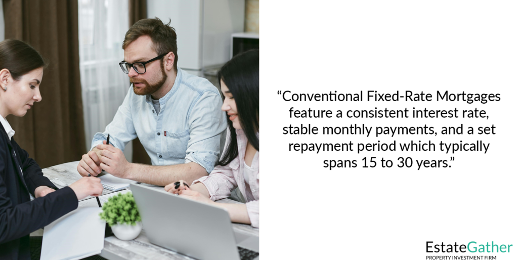 Image showing a loan officer assisting a married couple. Text to the right reads "Conventional Fixed-Rate Mortgages feature a consistent interest rate, stable monthly payments, and a set repayment period which typically spans 15 to 30 years."