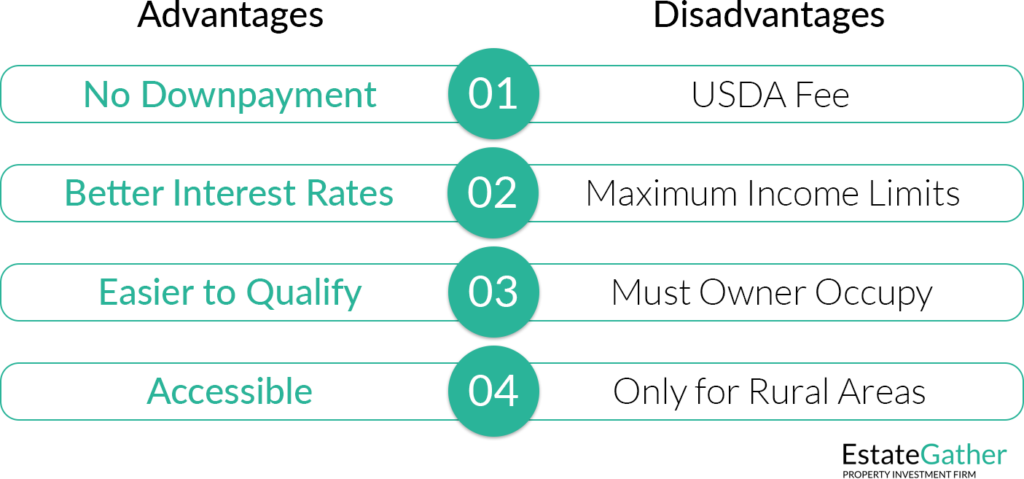 Graphic showing the advantages and disadvantages of the USDA loan. Advantages: No downpayment. Better interest rates. Easier to Qualify. Accessible. Disadvantages: USDA Fee. Maximum Income Limits. Must Owner Occupy. Only for Rural Areas.