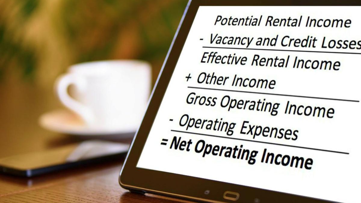 A graphic showing how net operating income is calculated. Vacancy and credit losses are subtracted from potential rent income. Then other income is added. Then operating expenses are subtracted to calculate Net Operating Income.