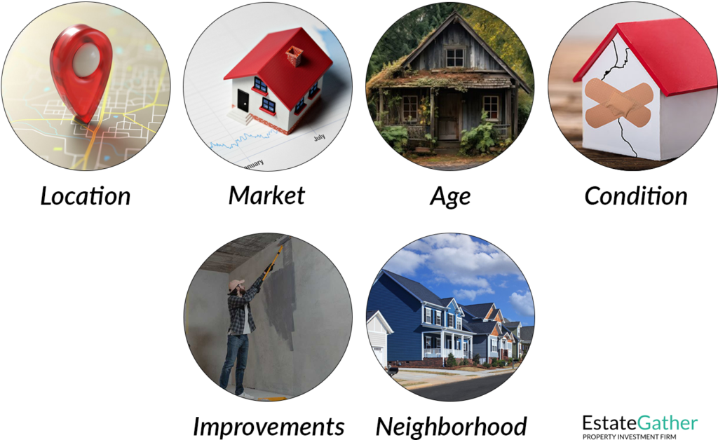 Image showing factors that influence property values. Factors include location, market, age, condition, improvements, and the neighborhood.