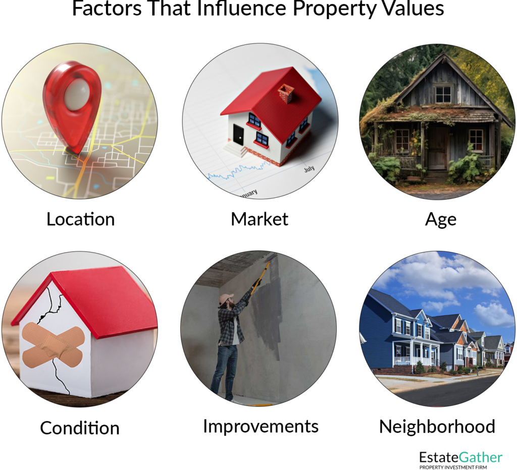 Image showing factors that influence property values. Factors include location, market, age, condition, improvements, and the neighborhood.