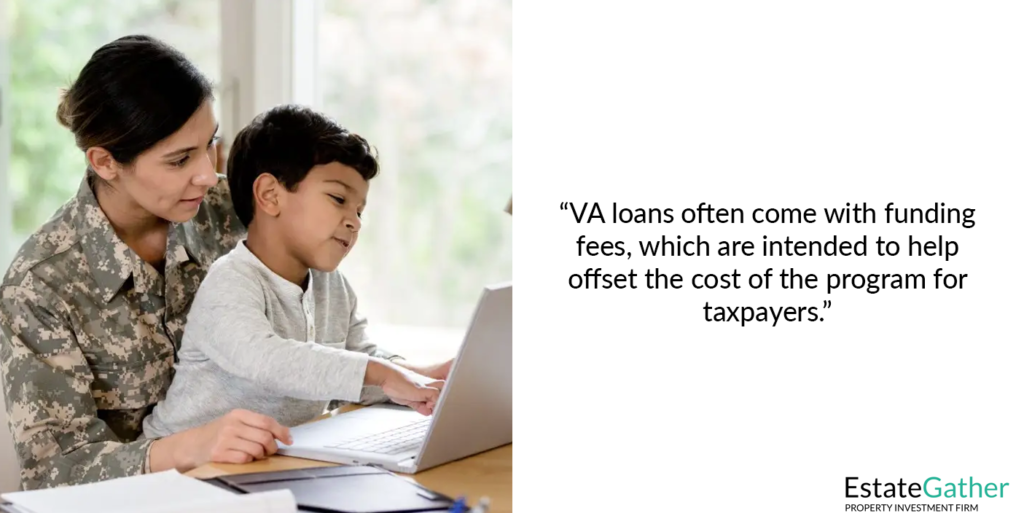 Image showing a servicemember looking at a computer with her child. Text to the right reads: "VA Loans often come with funding fees, which are intended to help offset the cost of the program for taxpayers."