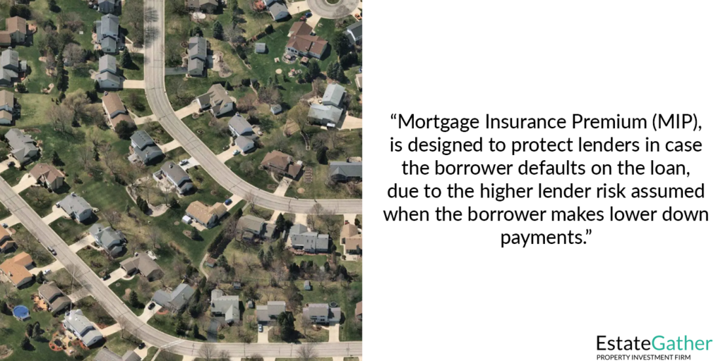 A picture shows a satellite image of a neighborhood. Text on the right reads: Mortgage Insurance Premium (MIP) is designed to protect lenders in case the borrower defaults on the loan, due to the higher lender risk assumed when the borrower makes lower down payments.