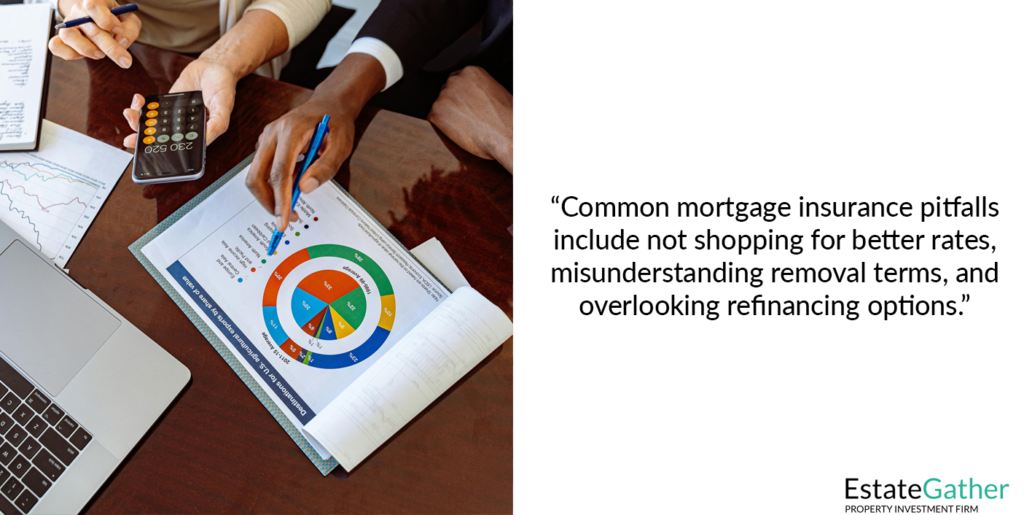 Image showing two people running calculations. The text to the right reads: Common mortgage insurance pitfalls include not shopping for better rates, misunderstanding removal terms, and overlooking refinancing options.