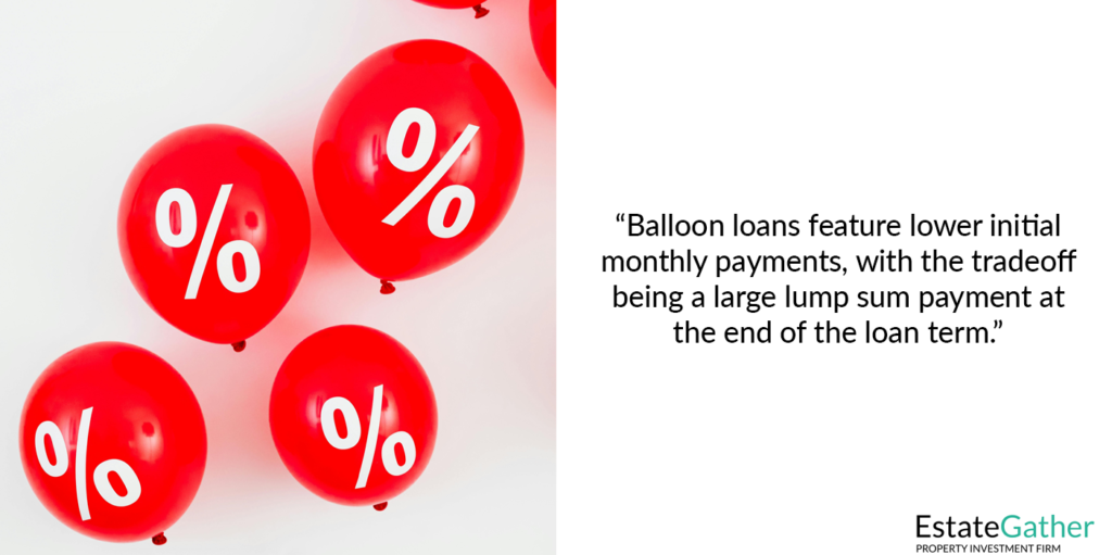 Image shows balloons with interest rate symbols on them. The text on the right says: Balloon loans feature lower initial monthly payments, with the tradeoff being a large lump sum payment at the end of the loan term. 