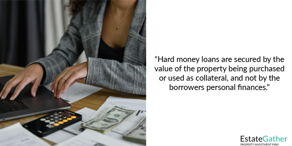 A woman is shown using a computer. Text to the right reads: Hard money loans are secured by the value of the property being purchased or used as collateral, and not by the borrowers personal finances. 