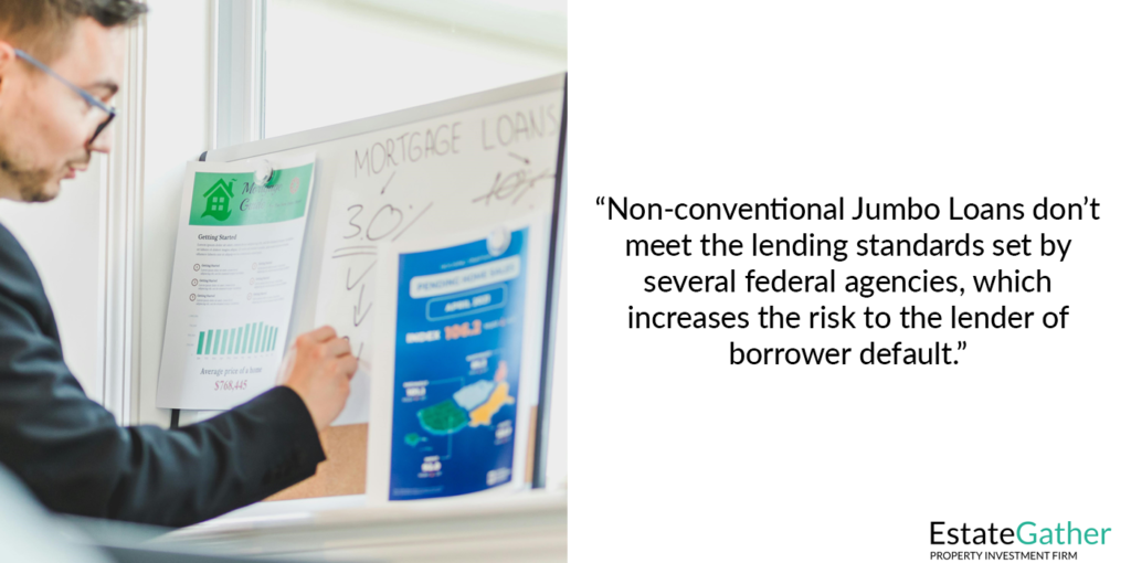 Image shows a man writing on a whiteboard. Text to the right reads: Non-conventional Jumbo Loans don't meet the lending standards set by several federal agencies, which increases the risk to the lender of borrower default.