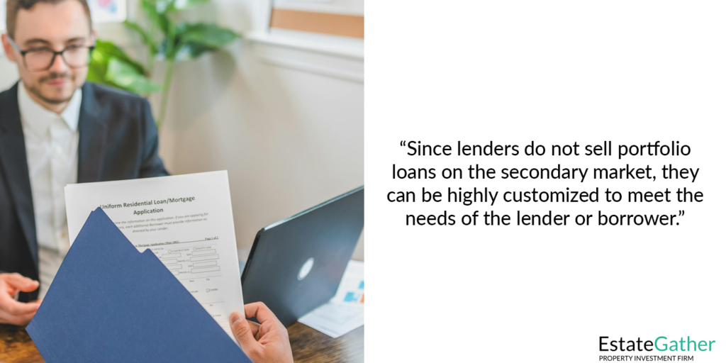 Image showing two people sitting across the table from one another reviewing a uniform residential loan/mortgage application. Text on the right reads: Since lenders do not sell portfolio loans on the secondary market, they can be highly customized to meet the needs of the lender or borrower.