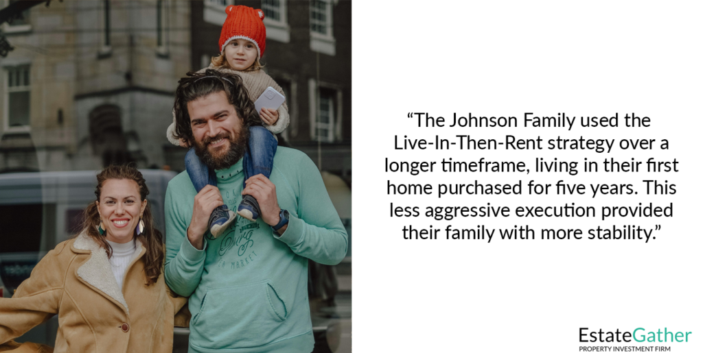 Image shows a family with their child. Text on the right reads: The Johnson Family used the Live-In-Then-Rent strategy over a longer timeframe, living in their first home purchased for five years. This less aggressive execution provided their family with more stability.