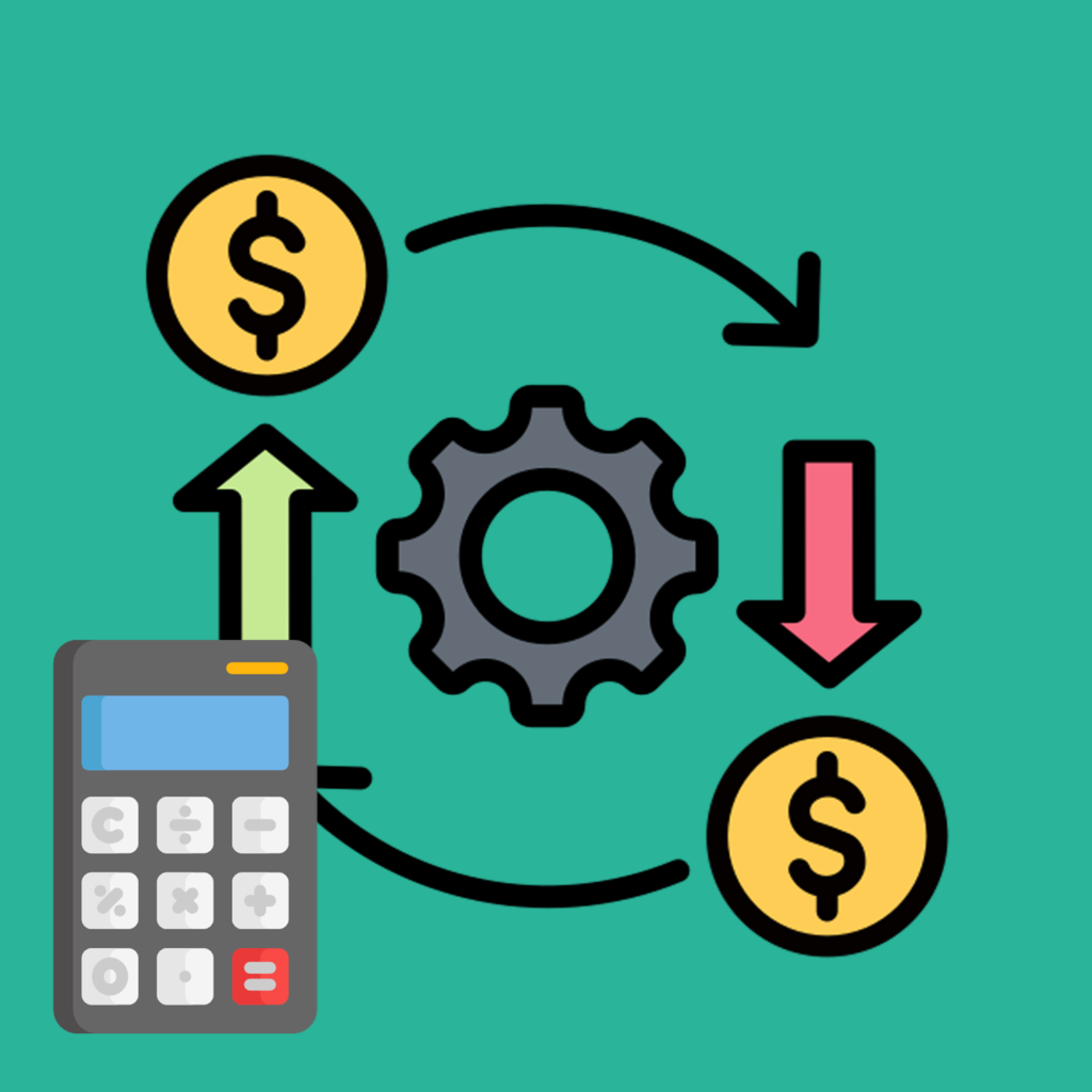 A cartoon illustration of operating income. A gear spins generating money over time.