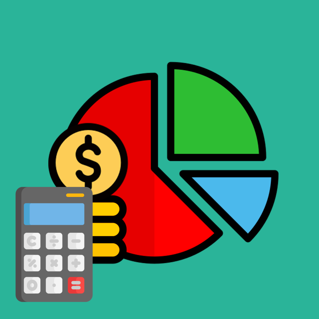 Cartoon image showing a calculator, as well as a stack of gold coins and a pie chart. The pie chart is showing the different things a persons budget is going towards, such as housing, transportation, and savings.