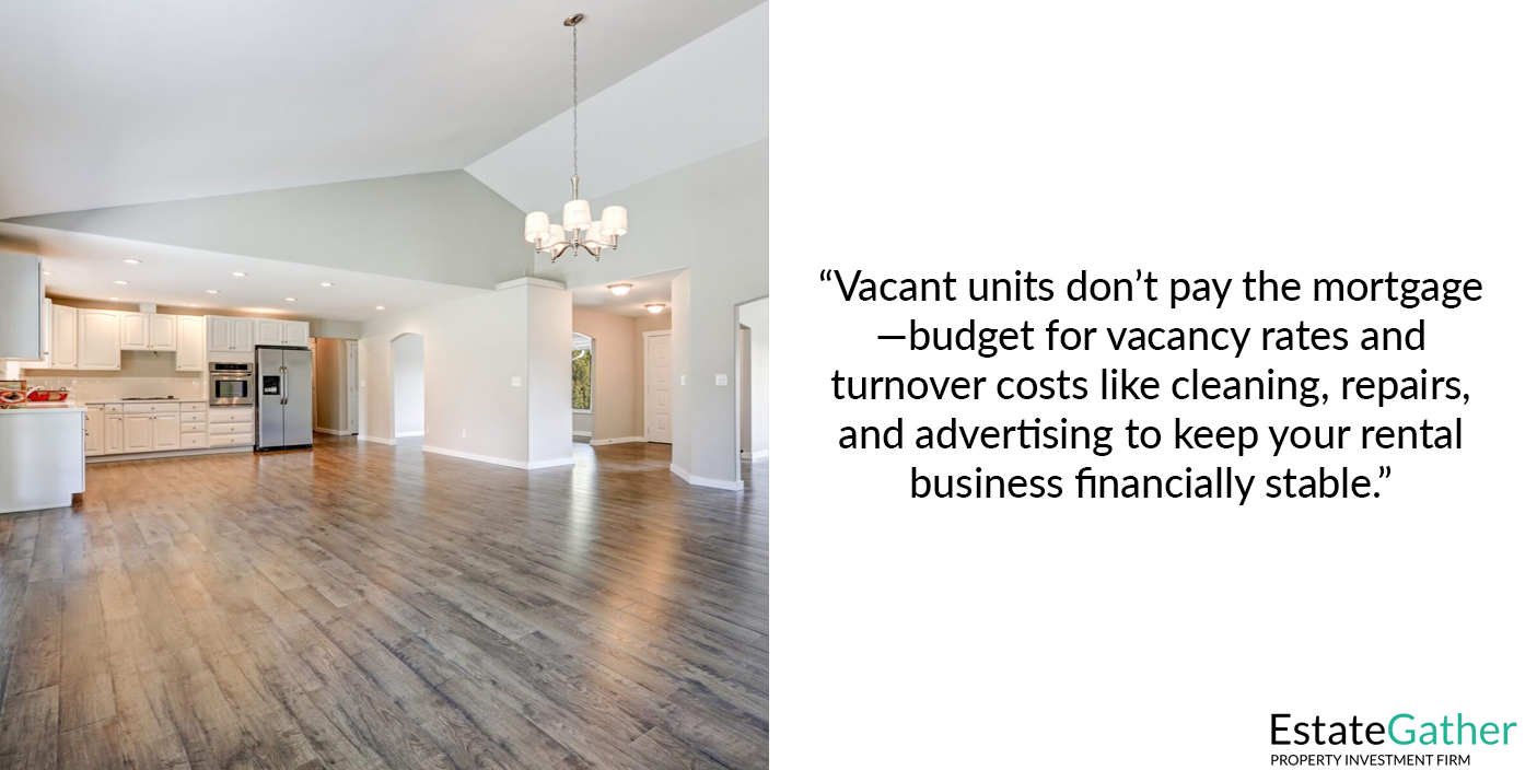Image of a vacant rental unit. Text to the right reads: Vacant units don't pay the mortgage - budget for vacancy rates and turnover costs like cleaning, repairs, and advertising to keep your rental business financially stable.