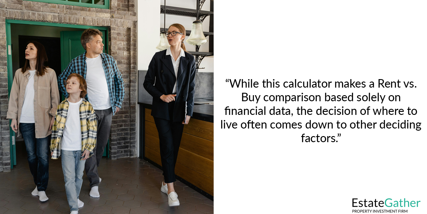 Image shows a young couple buying a home with the assistance of a real estate agent. Text on the right reads: "While this calculator makes a Rent vs. Buy comparison based solely on financial data, the decision of where to live often comes down to other deciding factors."