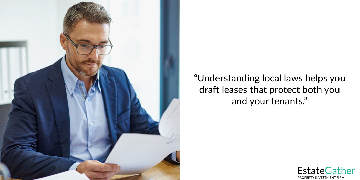 A man reviewing leases. The caption reads: Understanding local laws helps you draft leases that proect both you and your tenants.