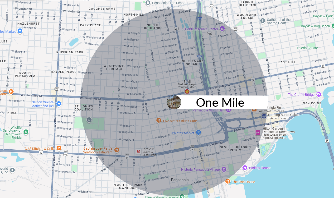 Image showing what a one mile radius from a property looks like. Things within the one mile radius form the strongest comps.