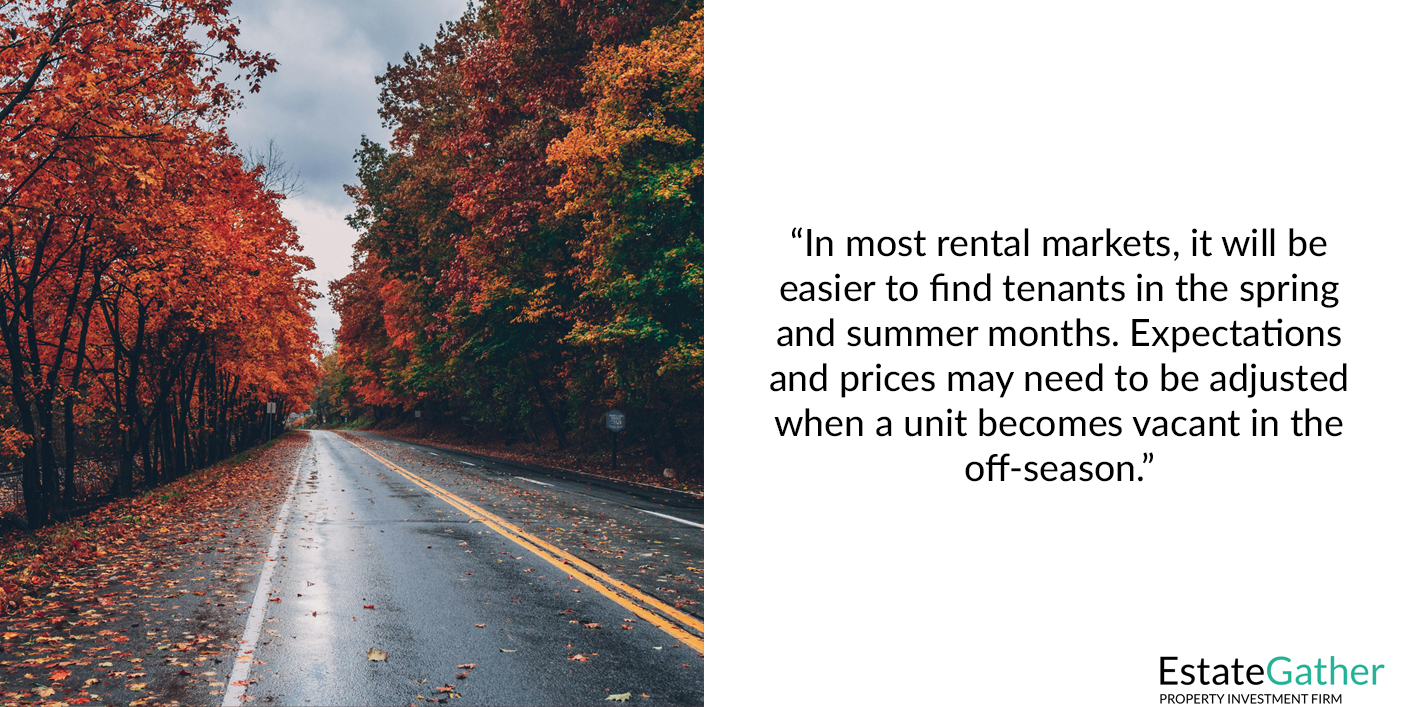 Image of a road in autumn. Text to the right reads: In most rental markets, it will be easier to find tenants in the spring and summer months. Expectations and prices may need to be adjusted when a unit becomes vacant in the off-season.