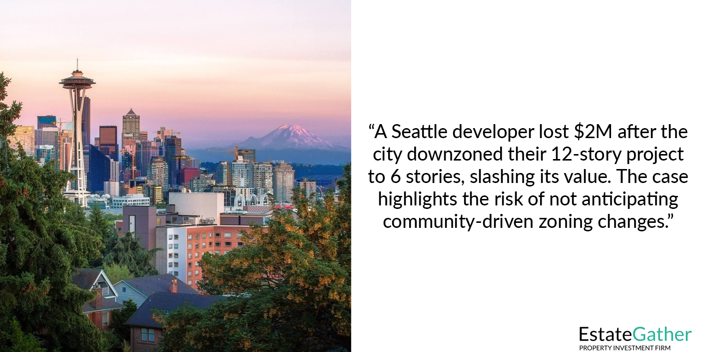 An image of the seattle skyline with the space needle. Text to the right reads: A Seattle developer lost $2M after the city downzoned their 12-story project to 6 stories, slashing its value. The case highlights the risk of not anticipating community-driven zoning changes.