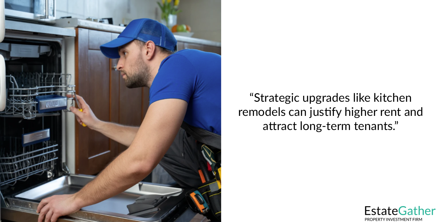 Man renovating kitchen. Text to the right reads: Strategic upgrades like kitchen remodels can justify higher rent and attract long-term tenants.