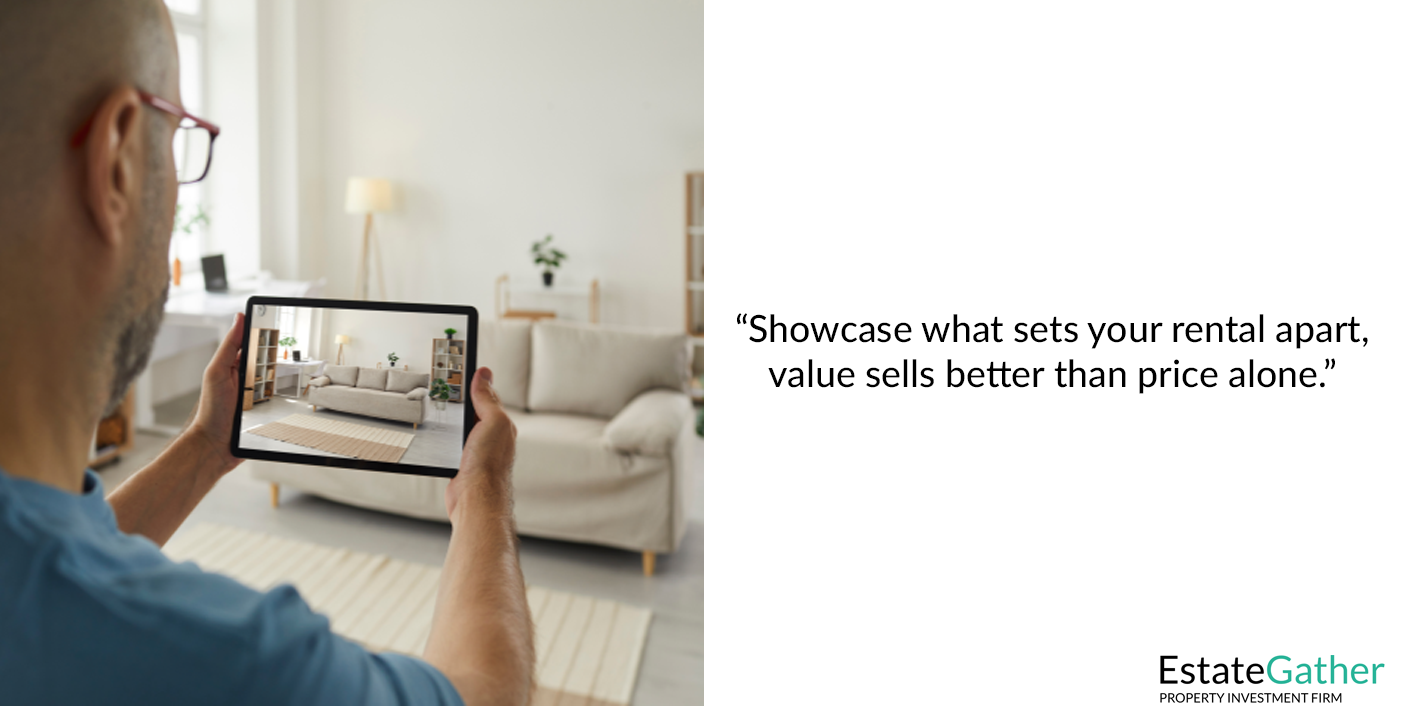 A man taking pictures of an partment. Text to the right reads: Showcase what sets your rental apart, value sells better than price alone.
