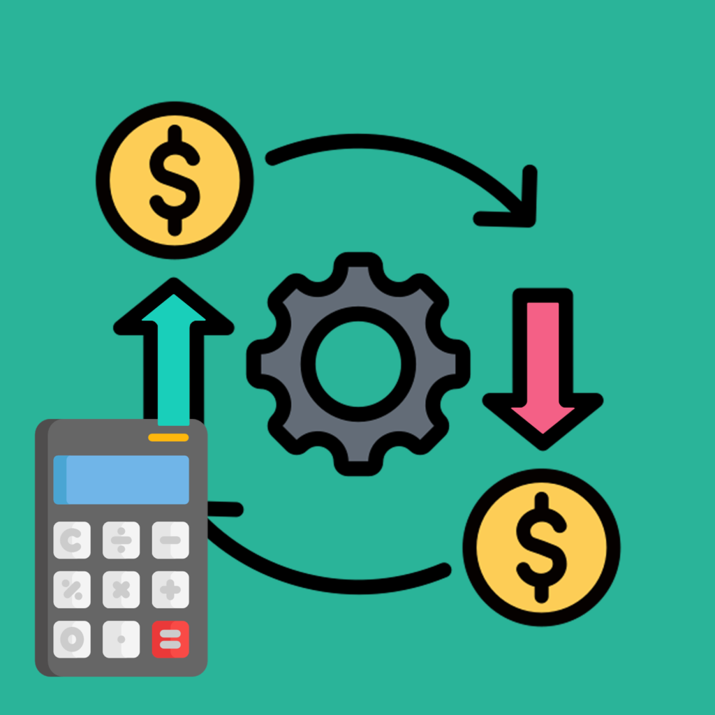 A cartoon illustration of operating income. A gear spins generating money over time.