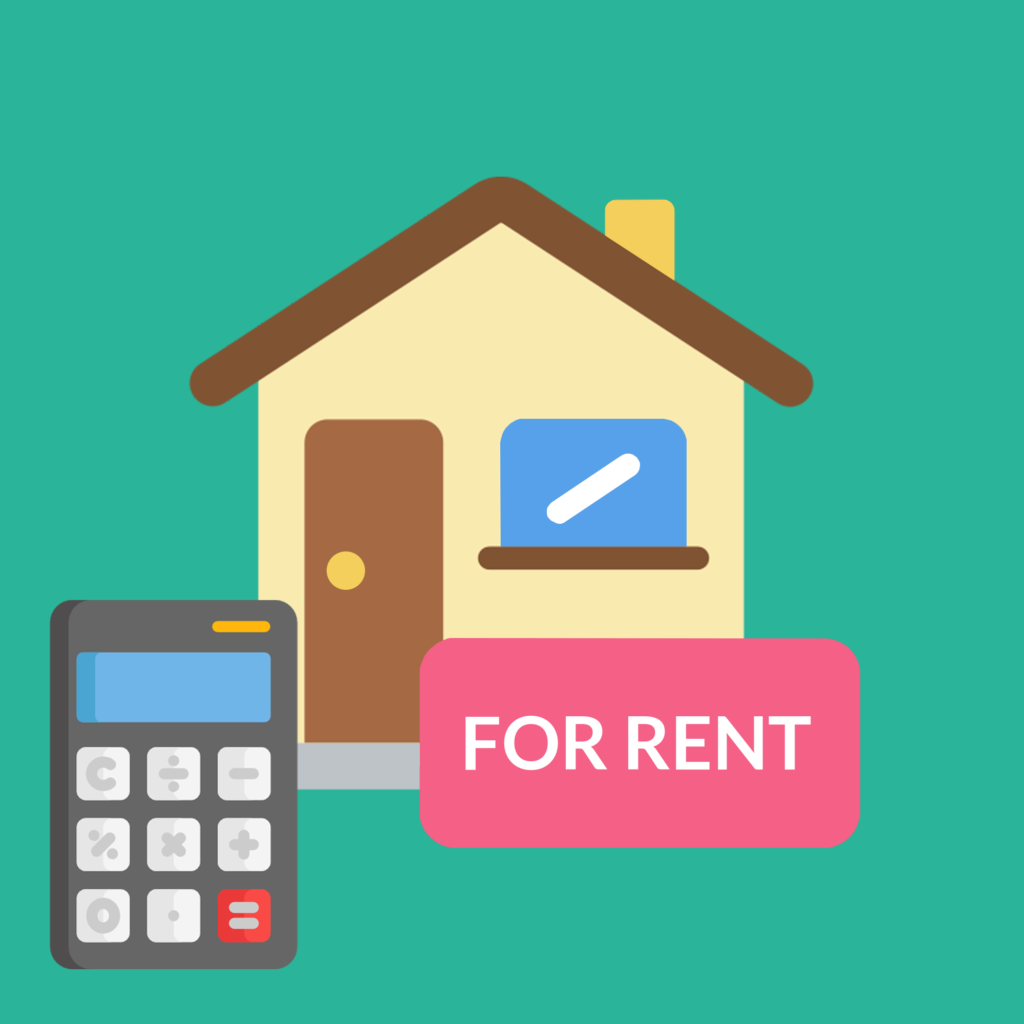 Cartoon image of a friendly house beside a calculator, symbolizing the calculation of rental property finances.