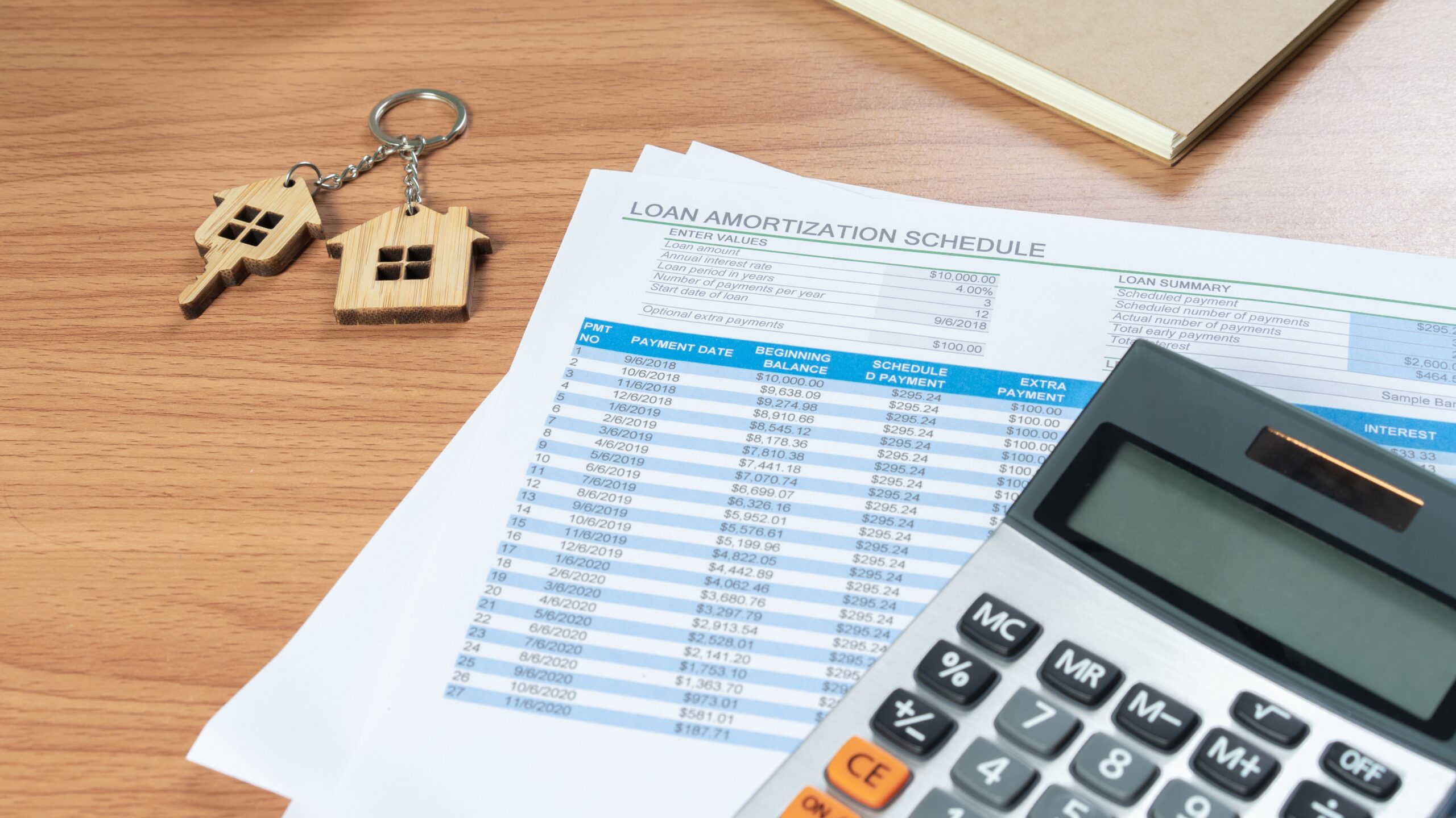A detailed loan amortization schedule is displayed alongside a calculator and house-shaped keychains, illustrating monthly mortgage payments, interest, and principal reduction over time—an essential tool for homeowners and real estate investors.