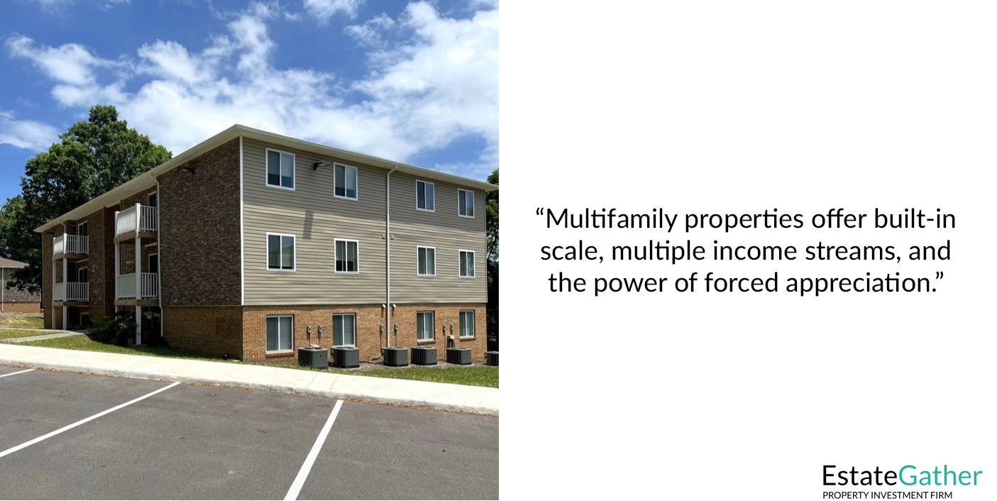 A small apartment building. Multifamily properties offer built-in scale, multiple income streams, and the power of forced appreciation.