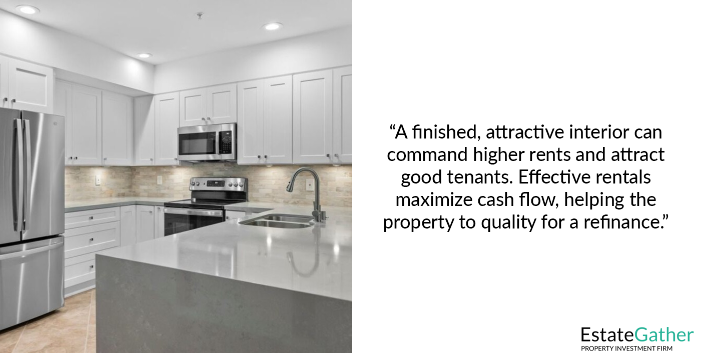 A renovated apartment interior. A finished, attractive interior can command higher rents and attract good tenants. Effective rentals maximize cash flow, helping to qualify for refinance.