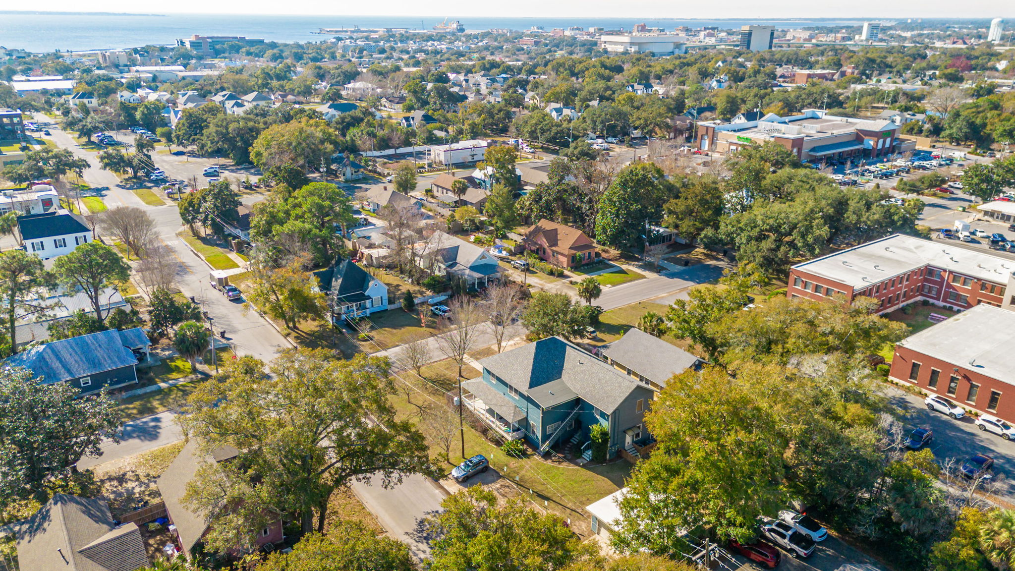 Drone shot of Pensacola, Florida. Showing downtown and East Hill.