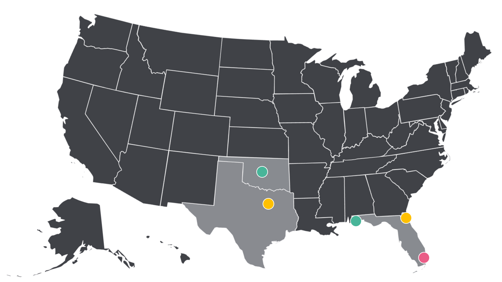 A map of the United States with Oklahoma, Texas and Florida highlighted. These are the three states EstateGather is interested in investing in.